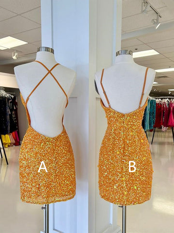 Open Back Short Orange V Neck Formal Homecoming Dresses Hoco Dresses HZ1023